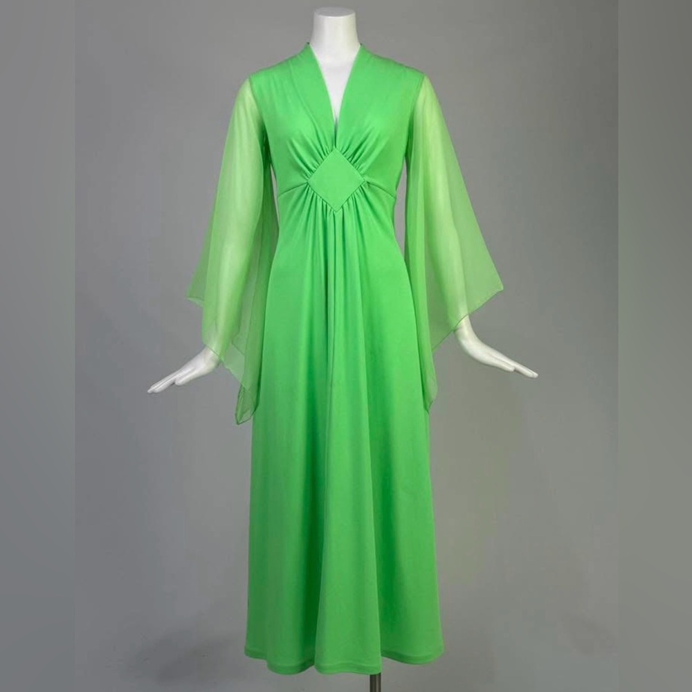 Vintage 1970's Neon lime green maxi dress with sheer draped angel sleeves. M-L